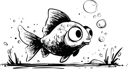 Aufkleber - Cartoon fish swimming with bubbles in black and white underwater illustration. Vector illustration