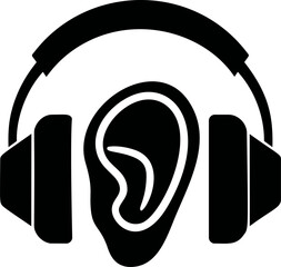 Poster - Silhouette of headphones with ear illustration in black and white, audio concept. Vector illustration