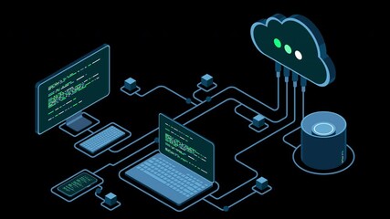 Fototapete - Cloud technology computing animation. Modern cloud technology. Data center isometric concept. Isometric cloud technology with datacenter. Web hosting concept. Transparent background with alpha channel
