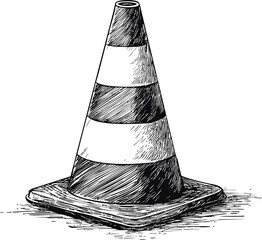 Poster - Hand-drawn black and white sketch of a traffic cone on white background. Vector illustration
