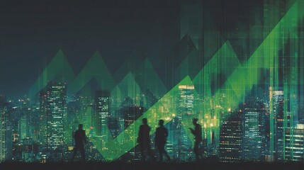 Poster - Night Cityscape with Green Arrow Overlay for Analytics and Business Growth