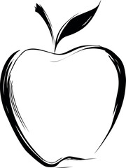 Poster - Black and white minimalist line drawing of an apple with leaves. Vector illustration