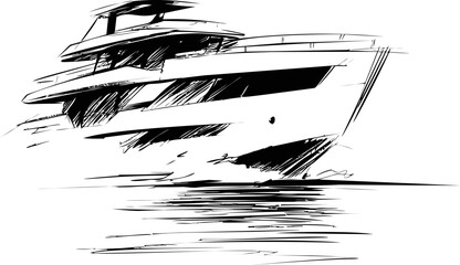 Aufkleber - Dynamic sketch of modern luxury yacht on water, monochrome ink drawing. Vector illustration