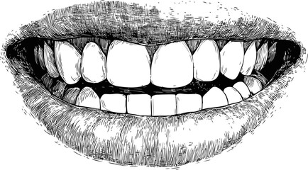 Poster - Illustrated close-up of a detailed smiling mouth with teeth, black and white sketch. Vector illustration