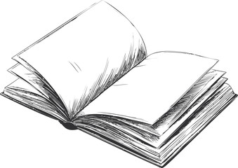 Poster - Black and white sketch of an open book with detailed shading. Vector illustration