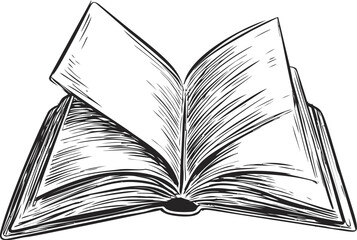 Poster - Open book with flipping pages in black and white drawing, classic line art. Vector illustration