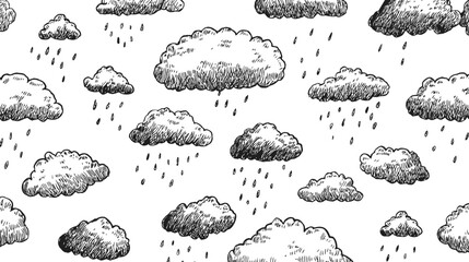 Poster - Hand-drawn fluffy clouds with raindrops pattern on white background. Vector illustration