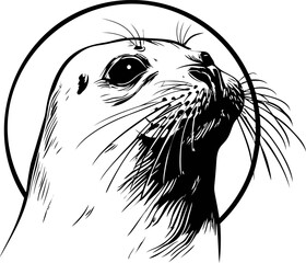 Aufkleber - Black and white seal illustration with circular halo, artistic style. Vector illustration