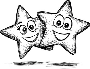 Poster - Two smiling cartoon stars with large eyes in black and white sketch style. Vector illustration