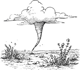 Poster - Ink drawing of a tornado over barren land with scattered plants illustration. Vector illustration