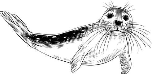 Aufkleber - Illustration of a playful seal with whiskers and spots in black and white. Vector illustration