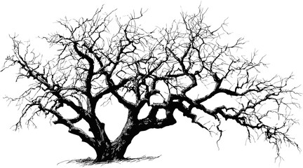 Poster - Silhouette of a large leafless tree with intricate branches, black and white sketch. Vector illustration