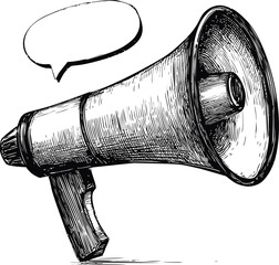 Poster - Vintage megaphone drawing with speech bubble in black and white illustration. Vector illustration