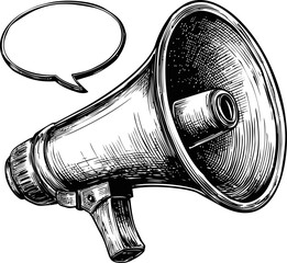 Poster - Sketch of a megaphone with speech bubble in black and white illustration. Vector illustration