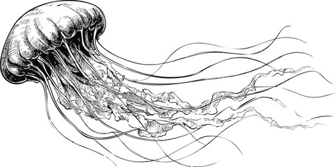Aufkleber - Intricate black and white sketch of a jellyfish with long flowing tentacles. Vector illustration