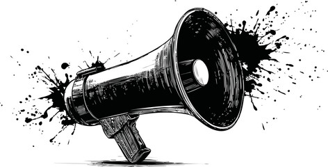 Poster - Black and white illustration of vintage megaphone with ink splashes. Vector illustration