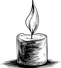 Poster - Black and white sketch of a candle with a stylized leaf-shaped flame. Vector illustration