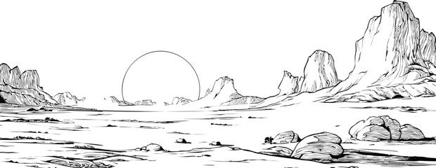 Wall Mural - Monochrome desert landscape with sun setting behind rugged mountains, black and white art. Vector illustration