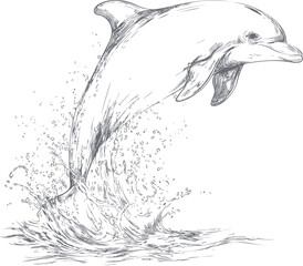 Aufkleber - Detailed sketch of a dolphin leaping from the ocean with splashes of water. Vector illustration