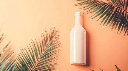Poster - Elegant White Bottle Mockup Summer Tropical Palm Leaves Peach Background Minimalist Product Branding Design Template Clean Packaging  Presentation  Advertising  Image style coral  
