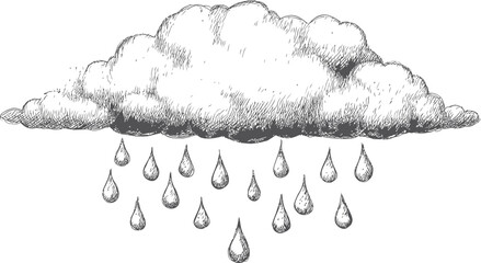 Aufkleber - Hand-drawn gray cloud with raindrops falling from the sky, sketch style. Vector illustration