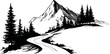 © cac_tus - Black and white sketch of a mountain with pine trees and a winding road. Vector illustration