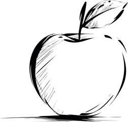 Poster - Black and white sketch of an apple with a leaf, minimalist line art style. Vector illustration