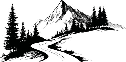 Wall Mural - black and white sketch of a mountain with pine trees and a winding road. vector illustration
