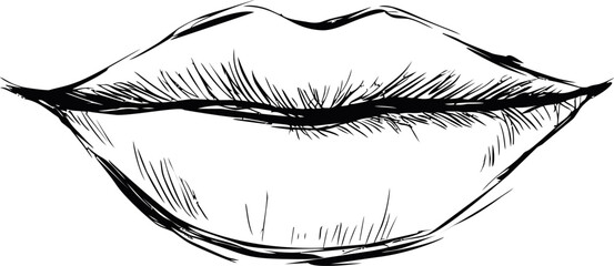 Poster - Black and white sketch of closed lips with detailed shading. Vector illustration