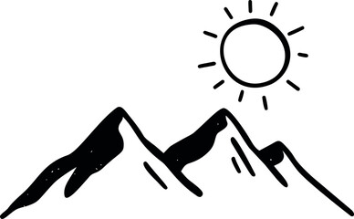 Poster - Simple black and white sketch of mountains with sun overhead. Vector illustration