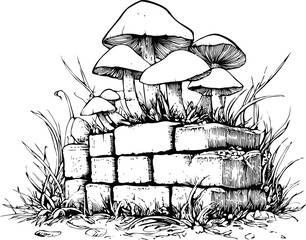 Poster - Mushrooms growing over a brick wall in a detailed black and white illustration. Vector illustration