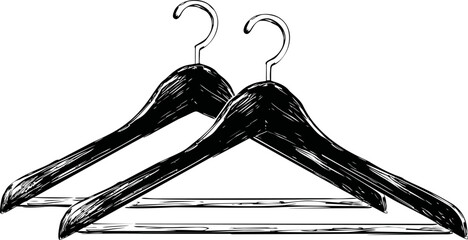 Poster - Black and white illustration of two wooden coat hangers, minimalistic artwork. Vector illustration