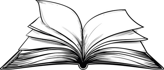 Poster - Detailed black and white sketch of an open book with turning pages. Vector illustration