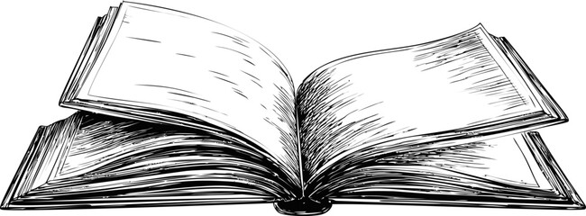 Poster - Ink drawing of an open book with turning pages, vintage illustration style. Vector illustration