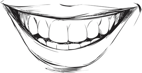 Poster - Black and white sketch of a wide smiling mouth with detailed teeth sketch. Vector illustration
