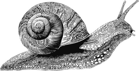 Poster - Intricate black and white illustration of a snail with detailed patterns. Vector illustration