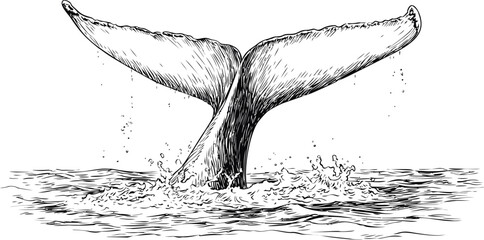 Aufkleber - Whale tail sketch with splashing water in the ocean, black and white illustration. Vector illustration