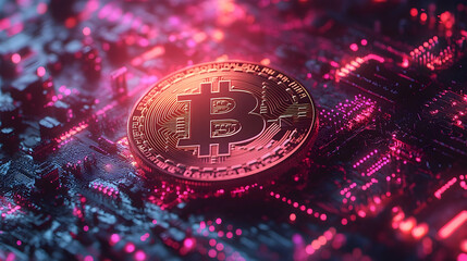 Fototapete - Bitcoin digital currency symbol on a circuit board.