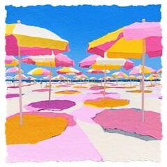 Poster - Colorful Beach Scene With Pink And Yellow Umbrellas
