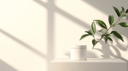 Poster - Elegant White Product Jar Minimalist Mockup Natural Green Leaves Soft Light Shadow Background Clean Simple Design Studio Shot Aesthetic Branding Packaging Template 3d sale cream   