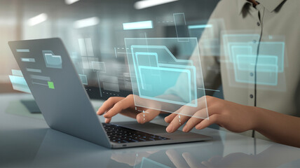 Poster - Person typing on laptop with digital folder overlays representing file management and data storage