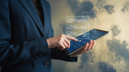 Poster - Person in suit using tablet with checklist overlay against a cloudy sky background outdoors