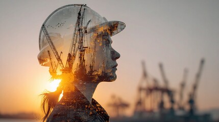 Poster - Female Engineer with Double Exposure Effect in Safety Helmet