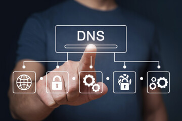 Poster - A person pointing at a dns diagram with icons of a globe lock gears and a lock with a fan inside