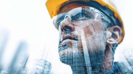 Poster - Engineer Portrait Overlayed with Blueprint and Grid Design Elements