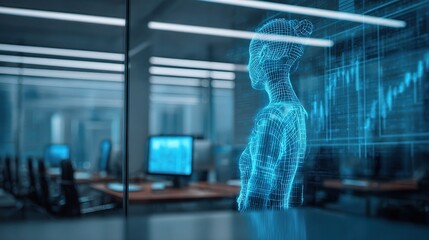 Poster - Futuristic Investor Avatar Analyzing Real-Time Forex Data in Office