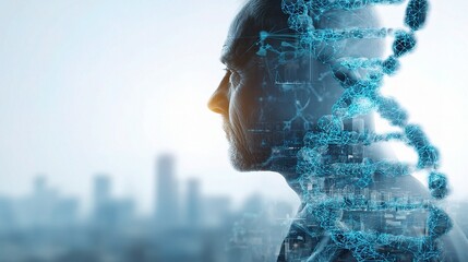 Poster - Double Exposure of DNA Strand and Medical Researcher Profile Image