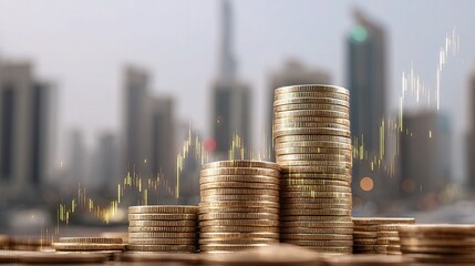 Poster - Stacked Coins with Upward Trading Arrows Against City Skyline Background
