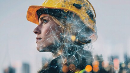 Poster - Double Exposure of Female Engineer Wearing Hard Hat with Overlay