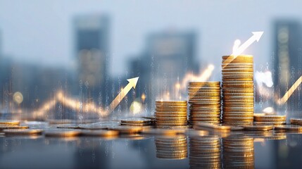 Poster - Financial Success with Coin Stacks and Rising Arrows for Growth